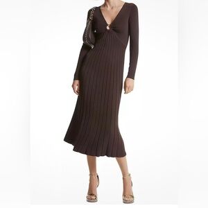 MICHAEL Michael Kors Brown Ribbed Knit Long Sleeve V-Neck Midi Dress—Sz L—NWT